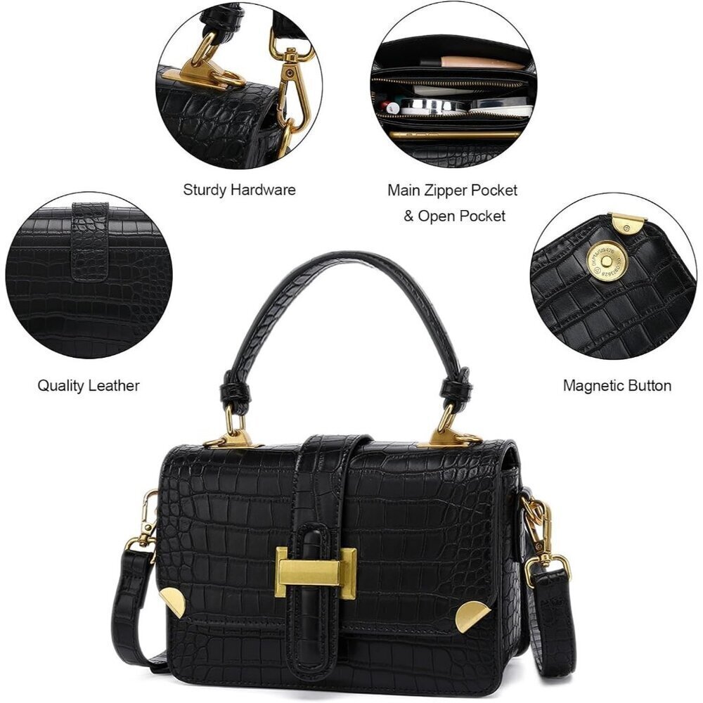 Women Small Classy Crossbody Purse Top Handle Handbags Leather Satchel Bag Black - Picture 4 of 7